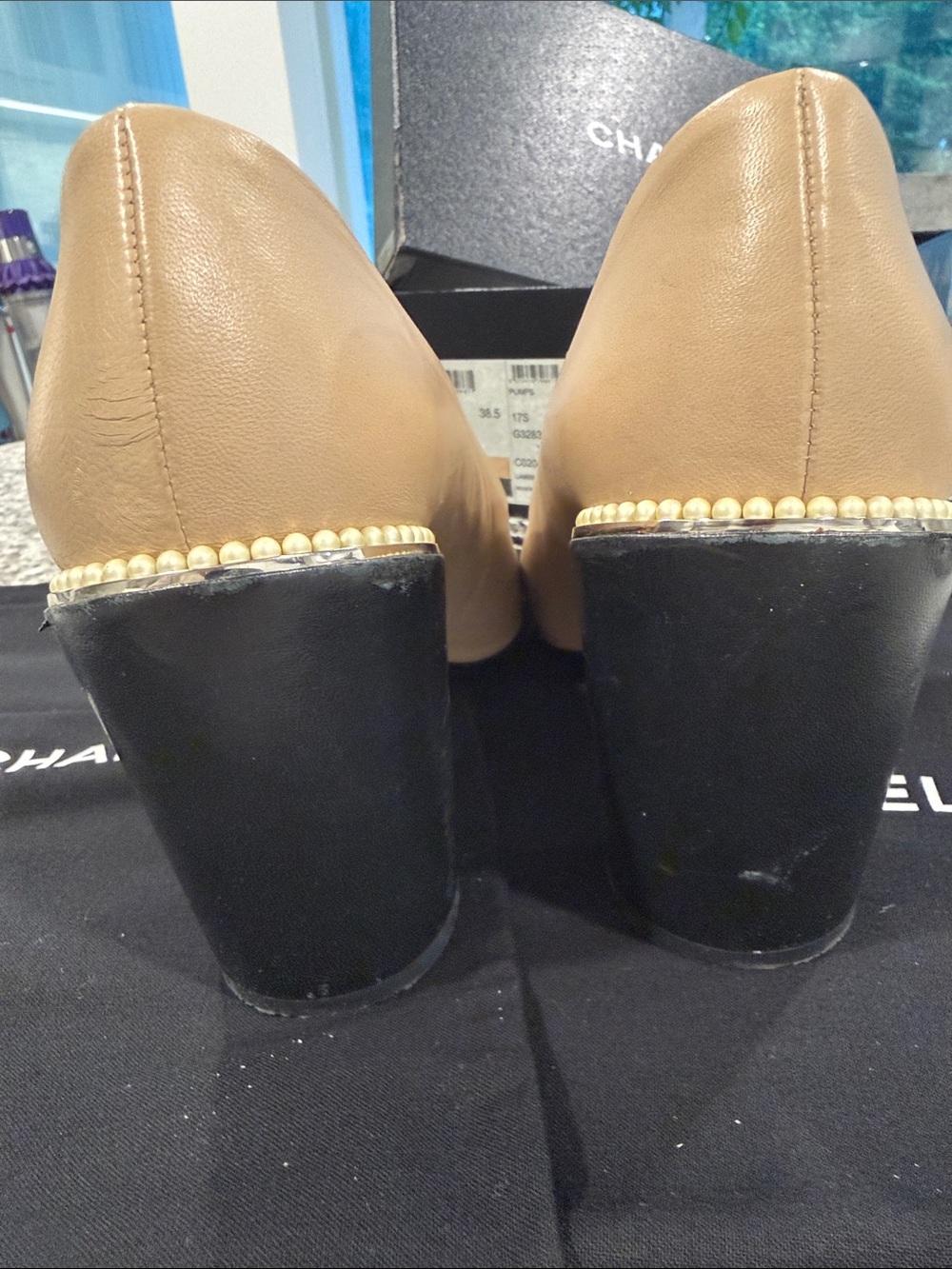 CHANEL Two-Tone Beige Leather Pumps with Black Quilted Cap Toe - Picture 7 of 15